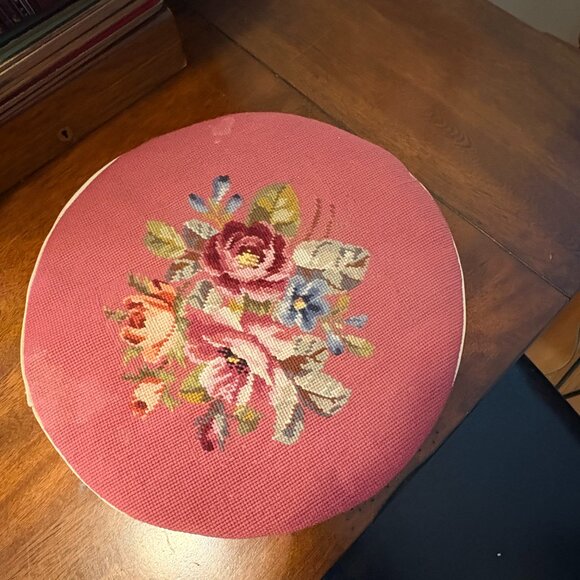 Vintage needlepoint Chair Cushion, embroidered, 14" across, roses - Picture 1 of 2